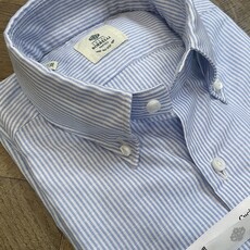 Borrelli Borrelli Blue linen button-down collar shirt with small white stripes SR1806