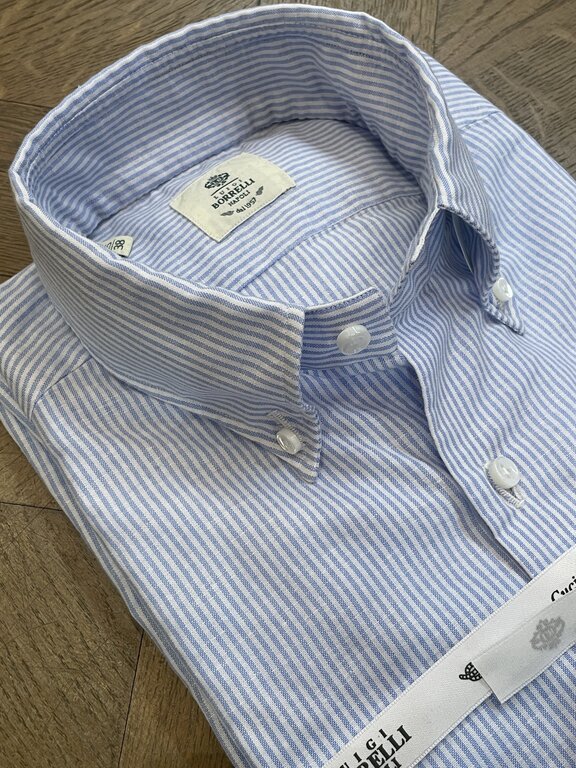 Borrelli Chemise Borrelli bleue en lin à col boutonné et fines rayures blanche SR1806