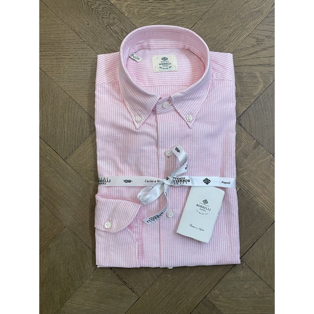 Borrelli Chemise Borrelli rose en lin à col boutonné et fines rayures blanche SR1806