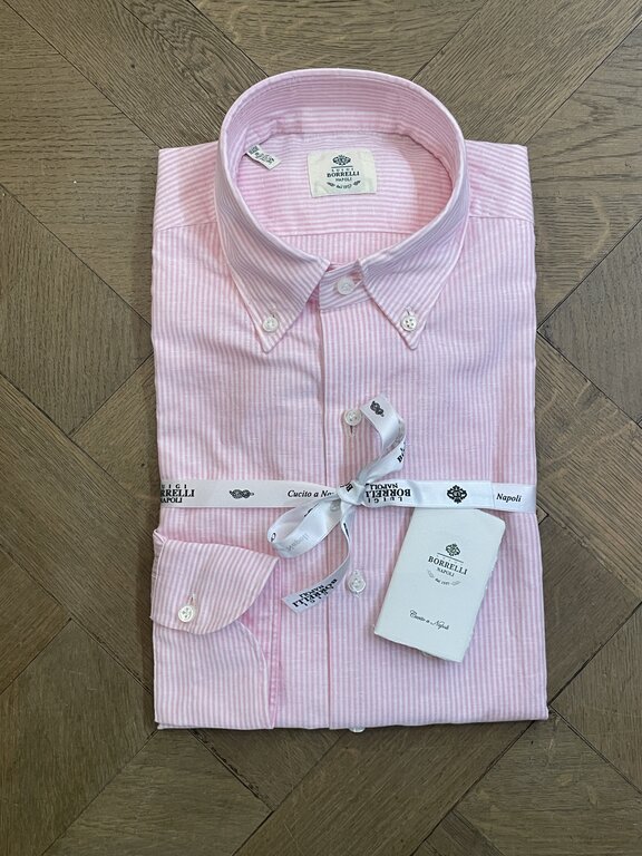 Borrelli Borrelli Pink linen button-down collar shirt with small white stripes SR1806