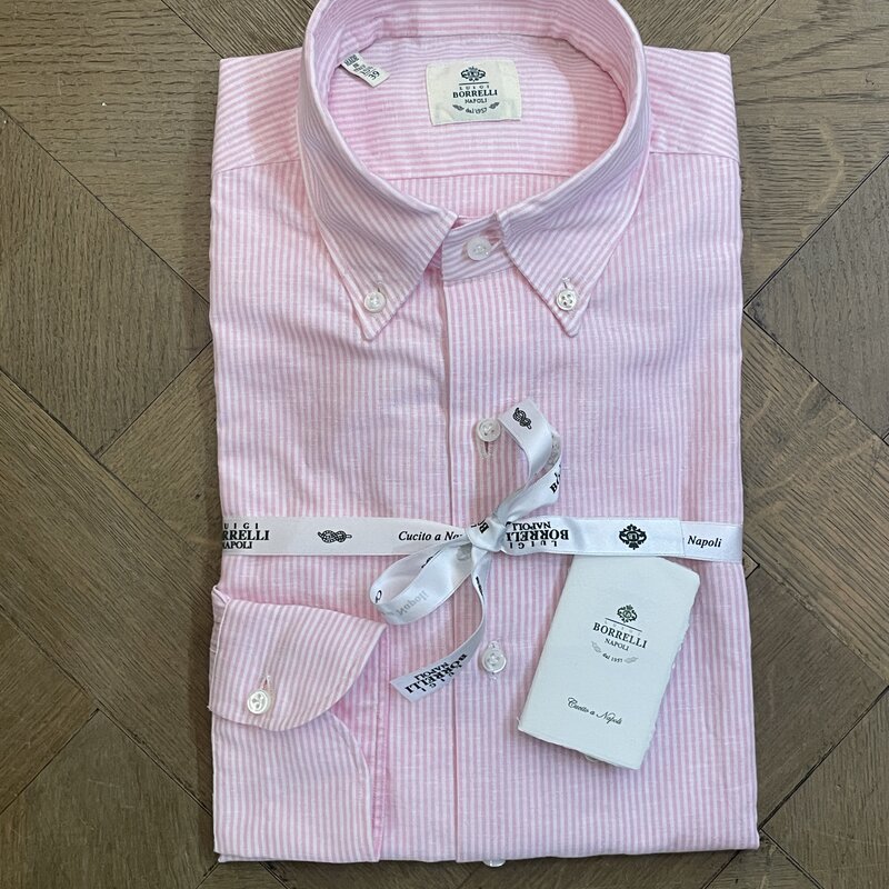 Borrelli Borrelli Pink linen button-down collar shirt with small white stripes