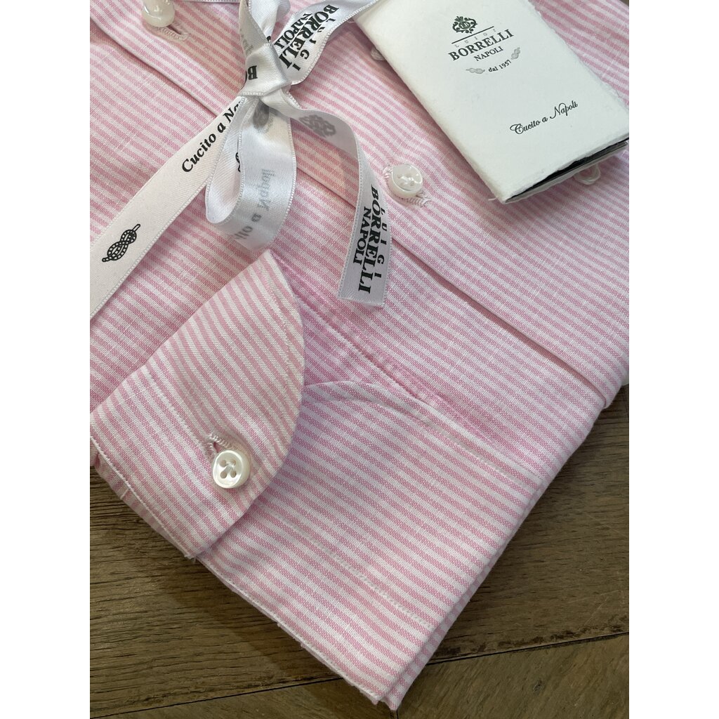 Borrelli Chemise Borrelli rose en lin à col boutonné et fines rayures blanche SR1806