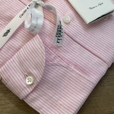 Borrelli Chemise Borrelli rose en lin à col boutonné et fines rayures blanche SR1806