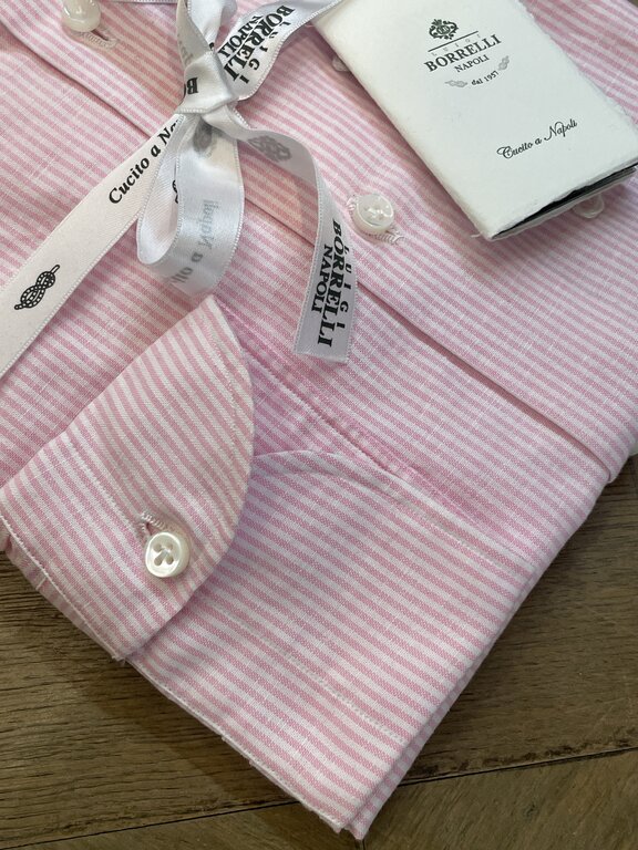 Borrelli Chemise Borrelli rose en lin à col boutonné et fines rayures blanche SR1806