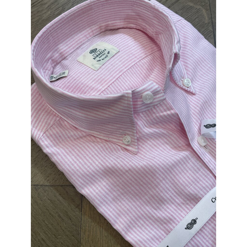 Borrelli Chemise Borrelli rose en lin à col boutonné et fines rayures blanche SR1806