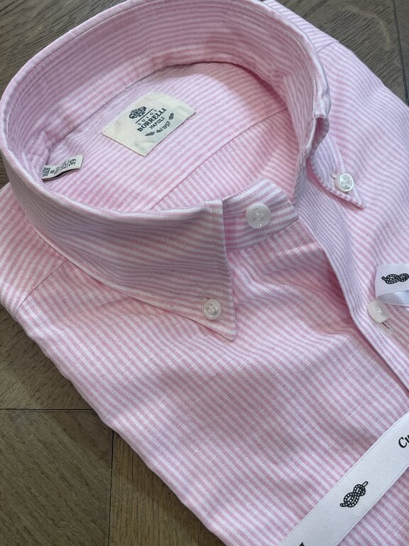 Borrelli Borrelli Pink linen button-down collar shirt with small white stripes SR1806
