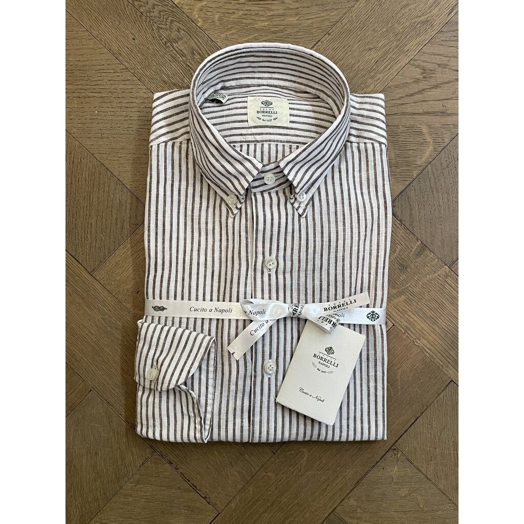 Borrelli Borrelli White linen button-down collar shirt with small Brown stripes SR11005