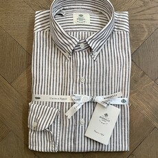Borrelli Borrelli White linen button-down collar shirt with small Brown stripes SR11005