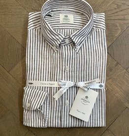 Borrelli Borrelli White linen button-down collar shirt with small Brown stripes