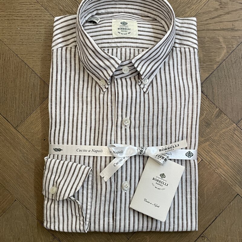 Borrelli Borrelli White linen button-down collar shirt with small Brown stripes