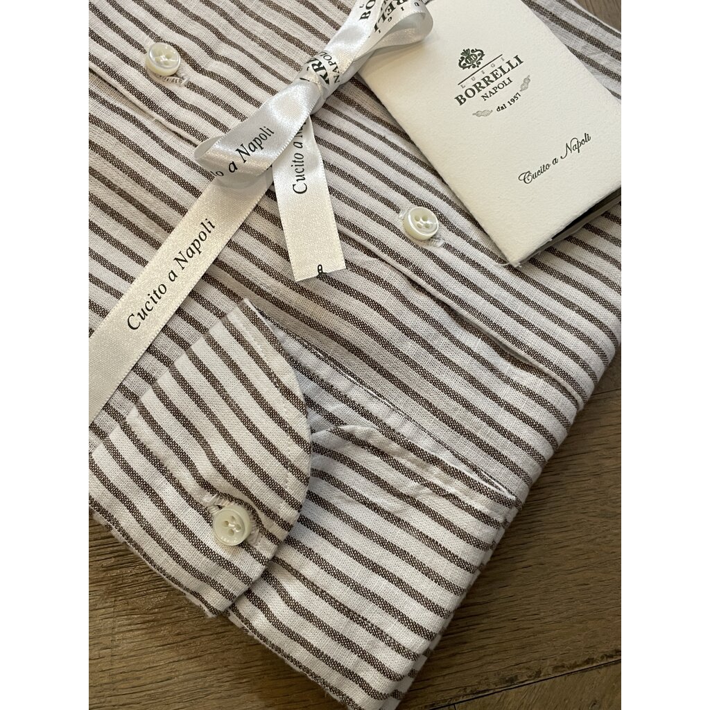Borrelli Chemise Borrelli blanche en lin à col boutonné et fines rayures brunes SR11005