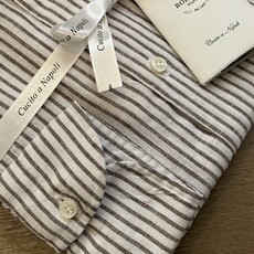 Borrelli Chemise Borrelli blanche en lin à col boutonné et fines rayures brunes SR11005