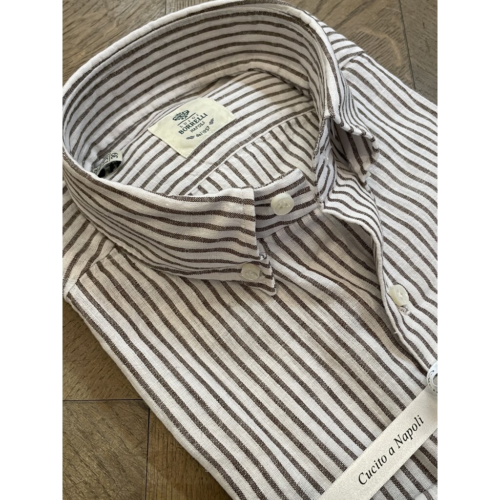 Borrelli Chemise Borrelli blanche en lin à col boutonné et fines rayures brunes SR11005