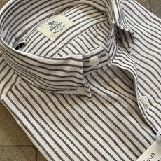 Borrelli Borrelli White linen button-down collar shirt with small Brown stripes SR11005