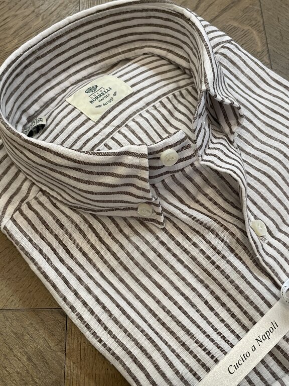 Borrelli Borrelli White linen button-down collar shirt with small Brown stripes SR11005