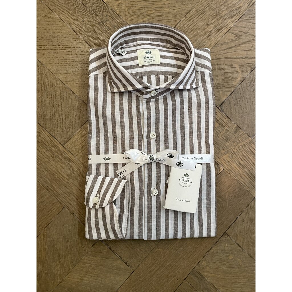 Borrelli Borrelli White linen shirt with wide Brown stripes SR11005
