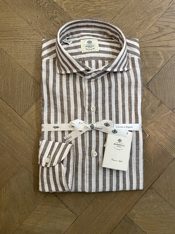 Borrelli Chemise Borrelli en lin blanc à larges rayures marron SR11005