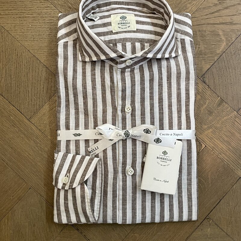 Borrelli Borrelli White linen shirt with wide Brown stripes