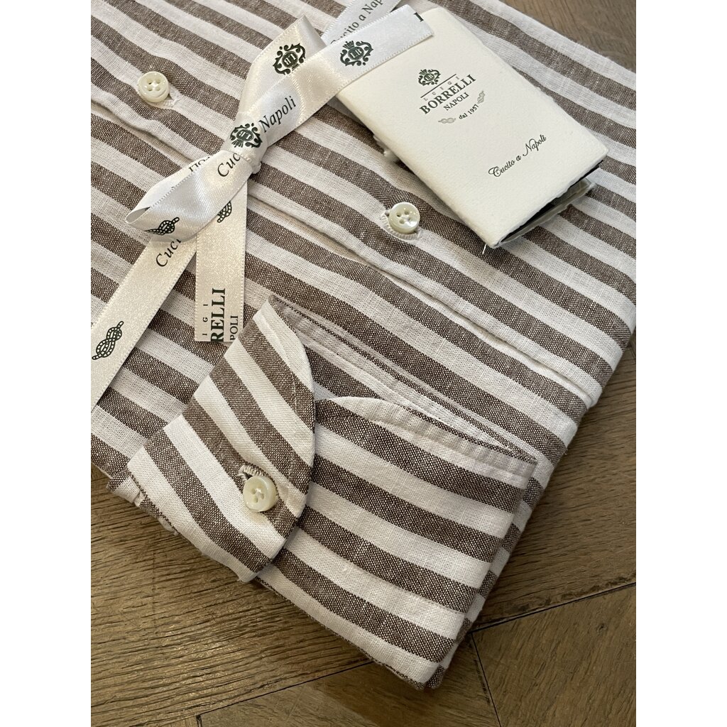 Borrelli Chemise Borrelli en lin blanc à larges rayures marron SR11005