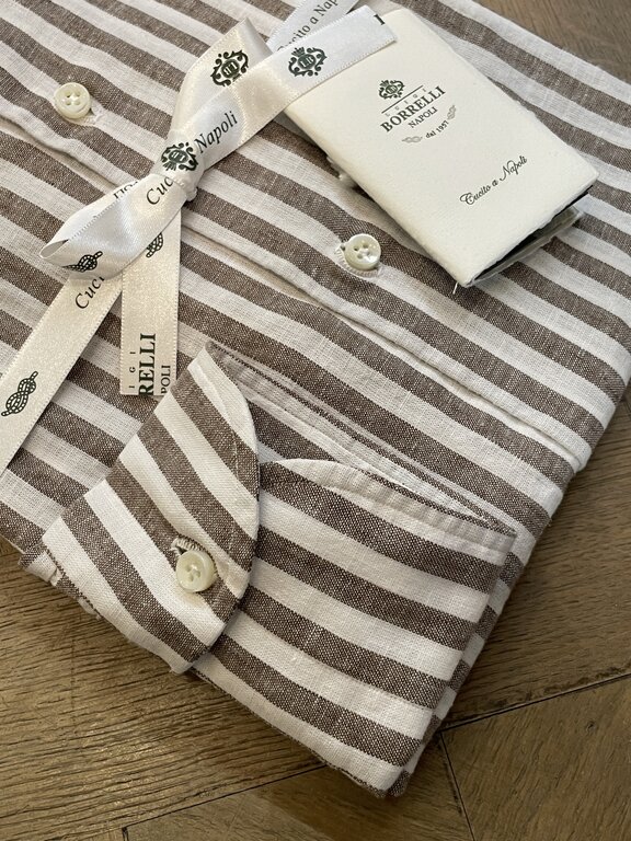 Borrelli Borrelli White linen shirt with wide Brown stripes SR11005