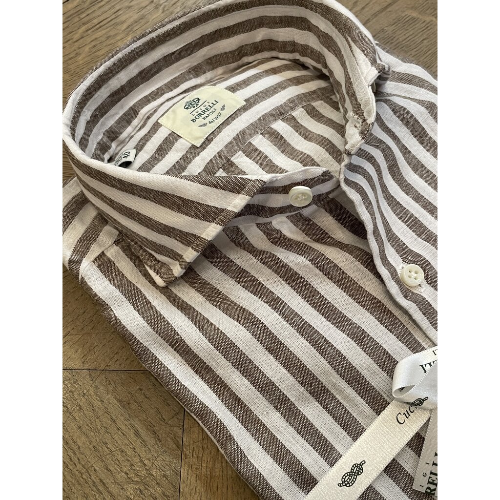 Borrelli Chemise Borrelli en lin blanc à larges rayures marron SR11005