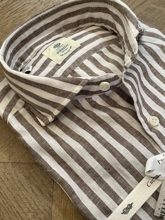 Borrelli Chemise Borrelli en lin blanc à larges rayures marron SR11005