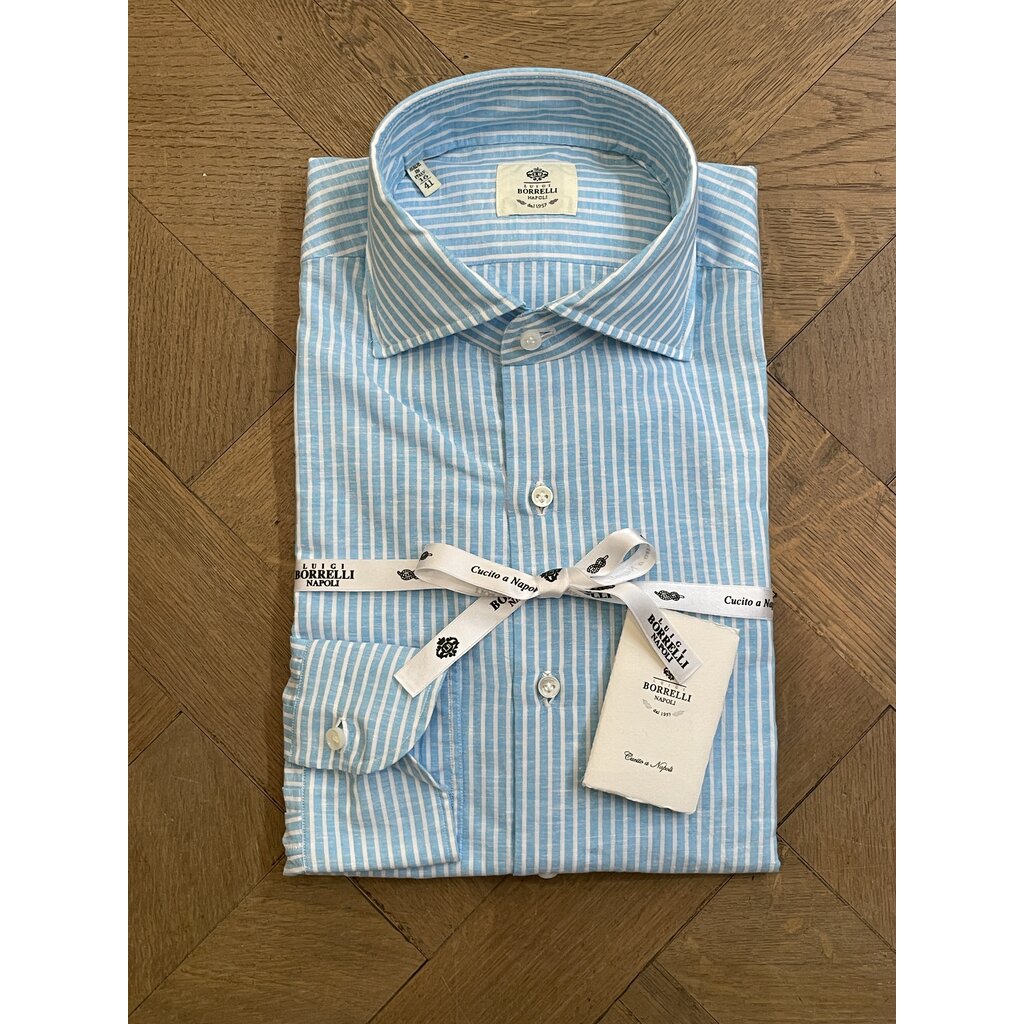 Borrelli Chemise Borrelli en lin turquoise à fines rayures blanches SR1806