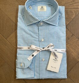 Borrelli Borrelli Turquoise linen shirt with small white stripes