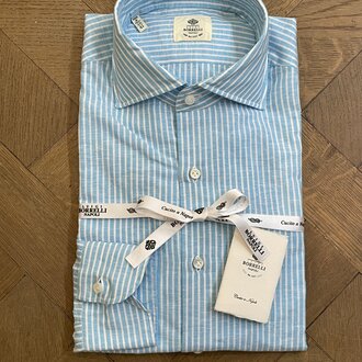 Borrelli Chemise Borrelli en lin turquoise à fines rayures blanches