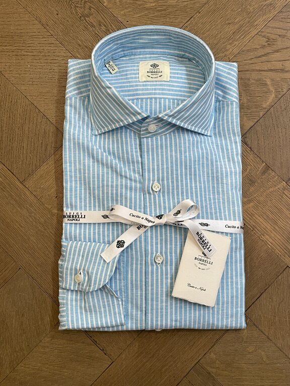 Borrelli Chemise Borrelli en lin turquoise à fines rayures blanches SR1806