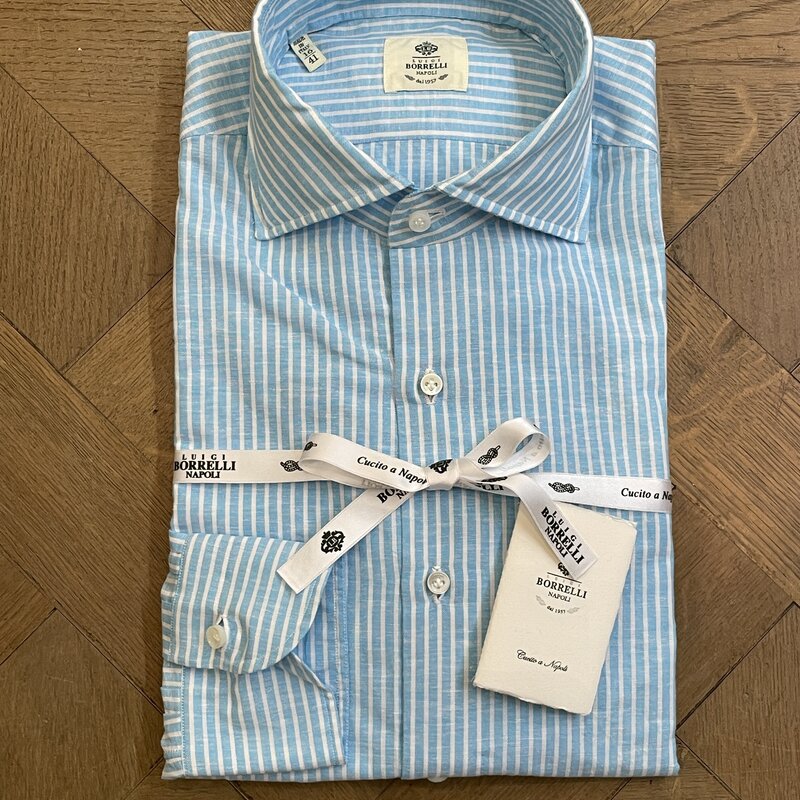 Borrelli BORRELLI Chemise en lin turquoise à fines rayures blanches