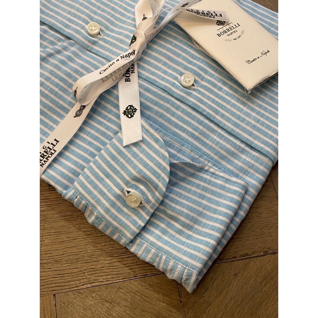 Borrelli Chemise Borrelli en lin turquoise à fines rayures blanches SR1806