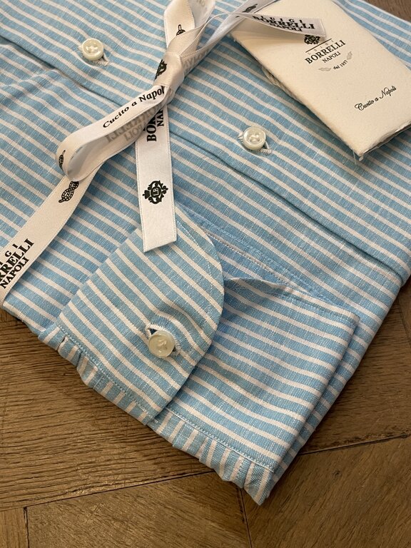Borrelli Chemise Borrelli en lin turquoise à fines rayures blanches SR1806