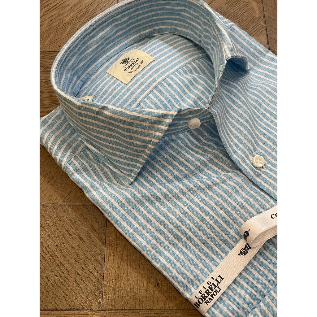 Borrelli Borrelli Turquoise linen shirt with small white stripes SR1806