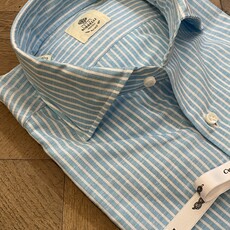 Borrelli Chemise Borrelli en lin turquoise à fines rayures blanches SR1806