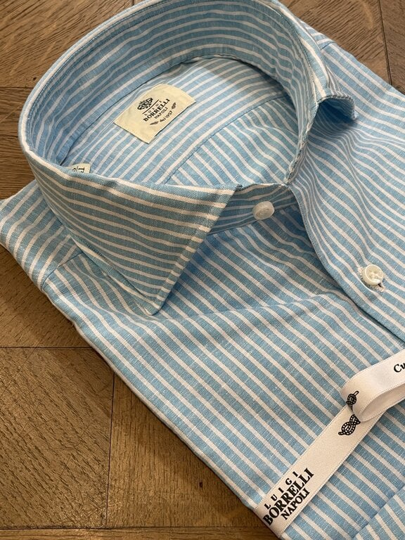 Borrelli Borrelli Turquoise linen shirt with small white stripes SR1806