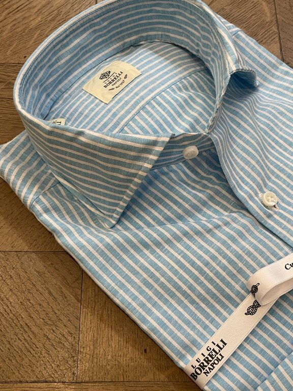Borrelli Chemise Borrelli en lin turquoise à fines rayures blanches SR1806