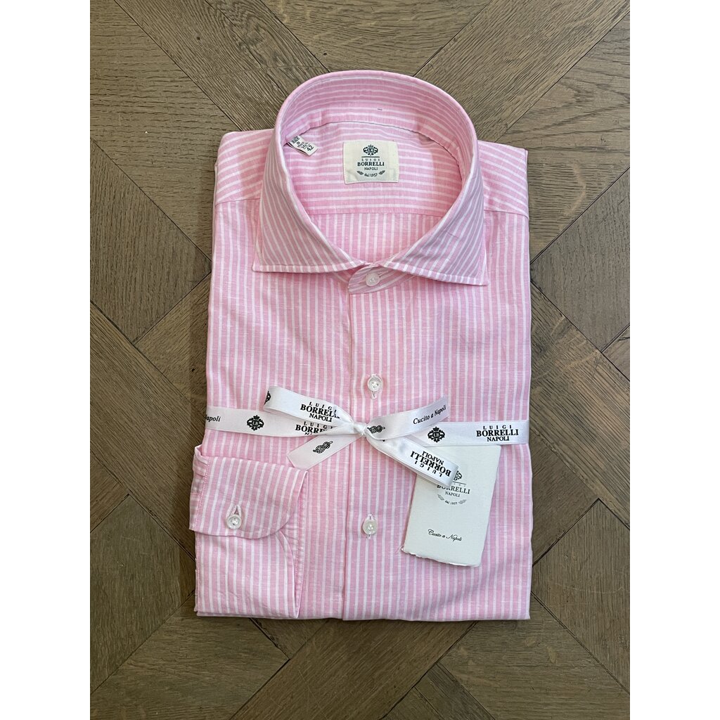Borrelli Borrelli Pink linen shirt with small white stripes SR1806