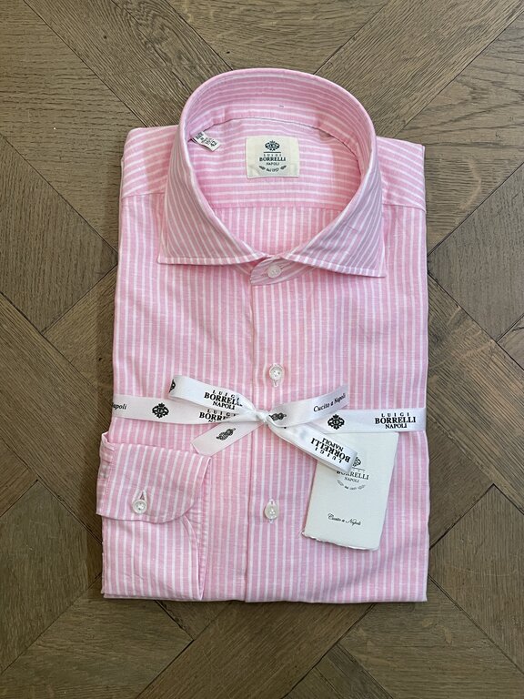 Borrelli Chemise Borrelli en lin rose à fines rayures blanches SR1806