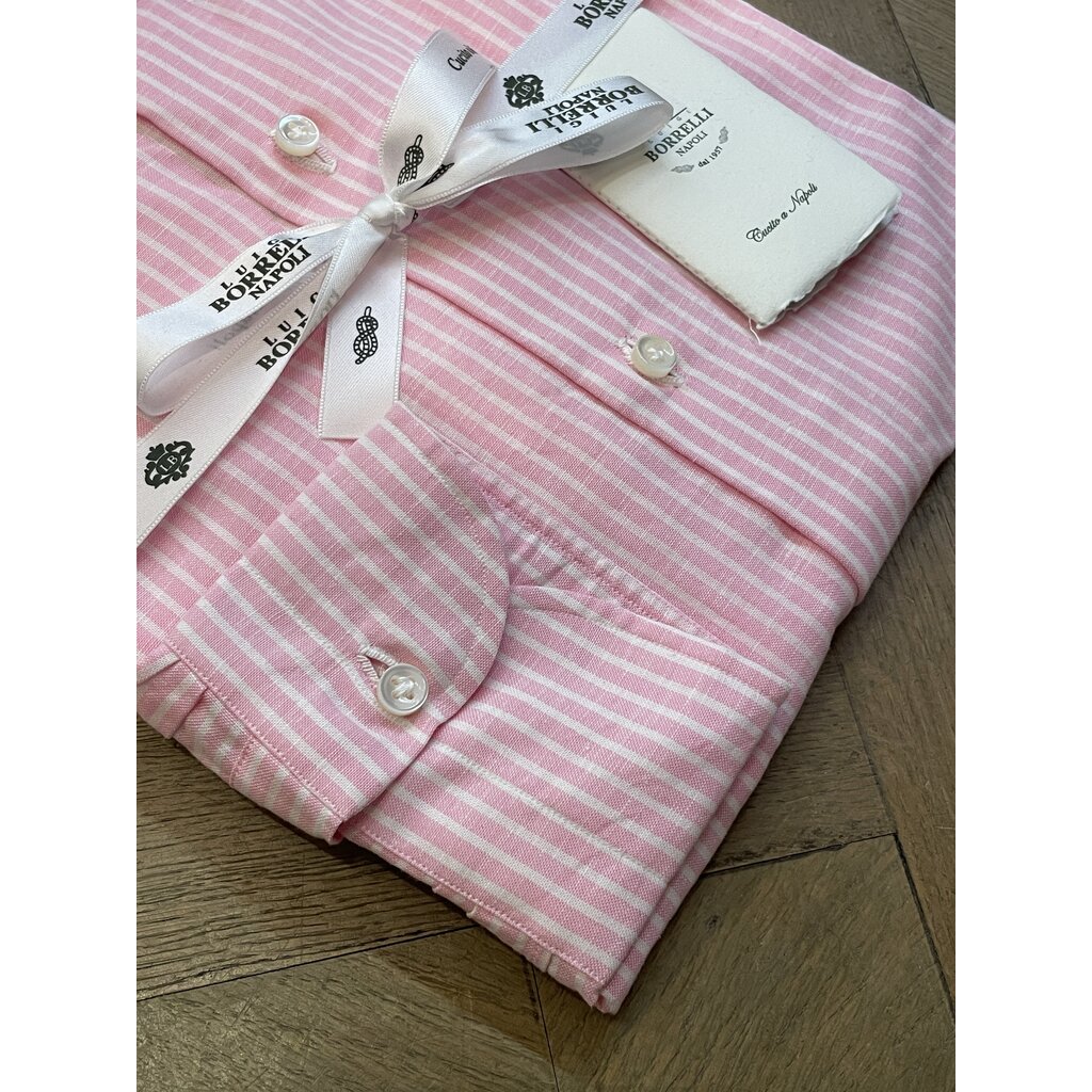Borrelli Borrelli Pink linen shirt with small white stripes SR1806