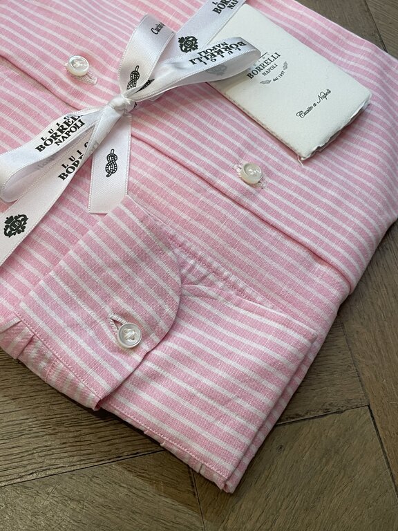 Borrelli Chemise Borrelli en lin rose à fines rayures blanches SR1806