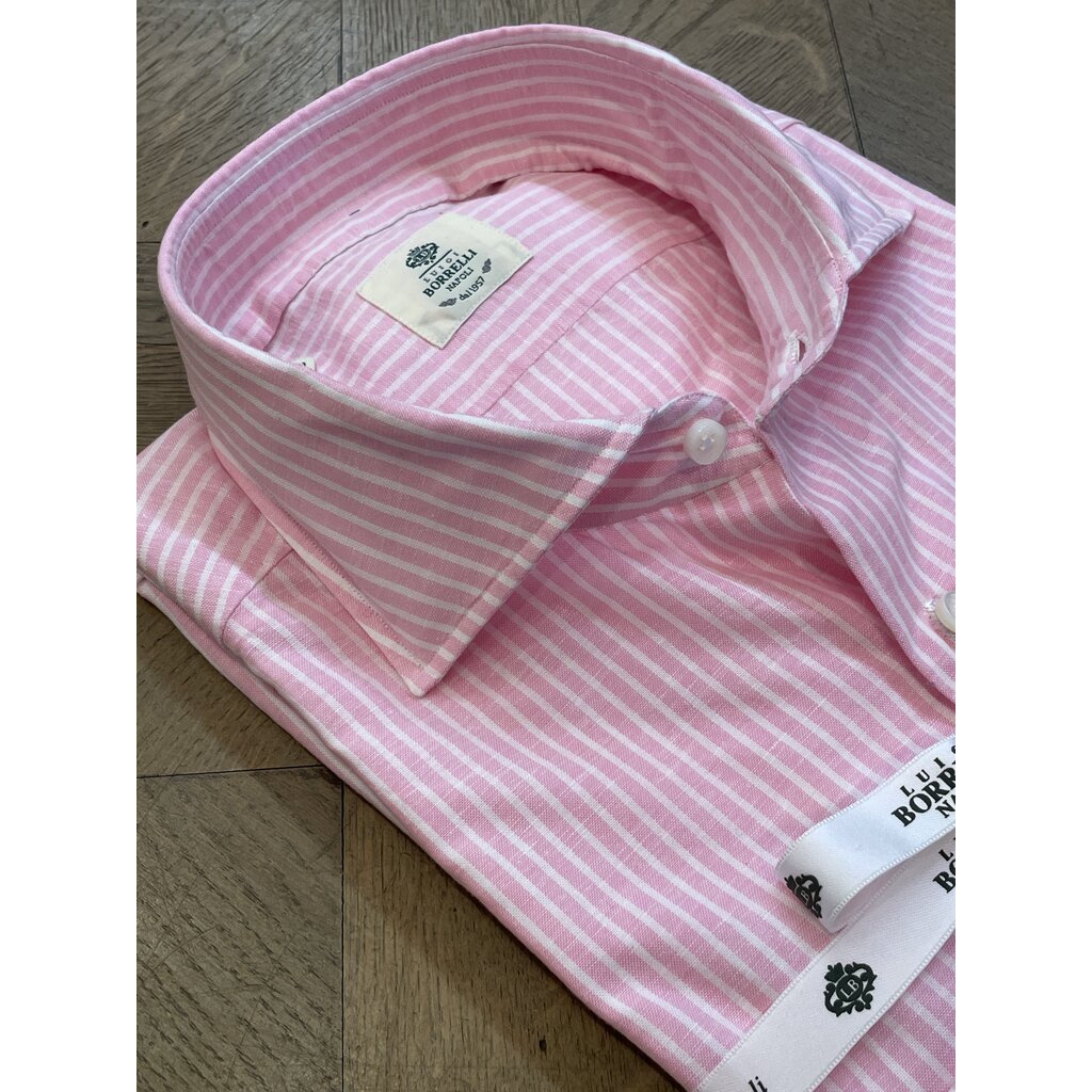 Borrelli Borrelli Pink linen shirt with small white stripes SR1806
