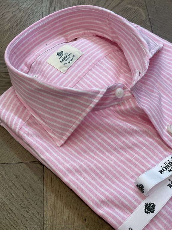 Borrelli Chemise Borrelli en lin rose à fines rayures blanches SR1806