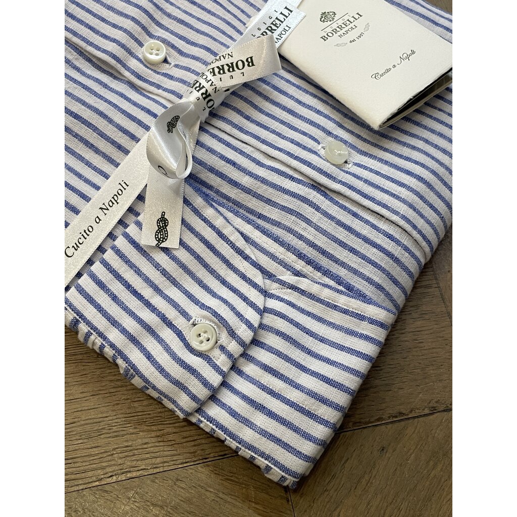 Borrelli Chemise Borrelli en lin blanc à col boutonné et fines rayures bleues SR11005