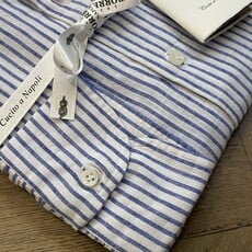 Borrelli BORRELLI Wit linnen overhemd met button-down kraag en fijne blauwe streepjes