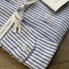 Borrelli Chemise Borrelli en lin blanc à col boutonné et fines rayures bleues SR11005