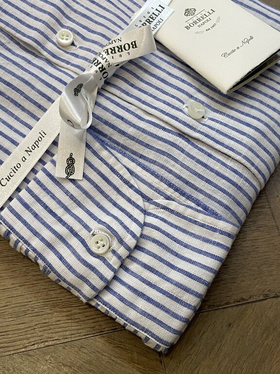 Borrelli Borrelli White linen button-down collar shirt with small Blue stripes SR11005