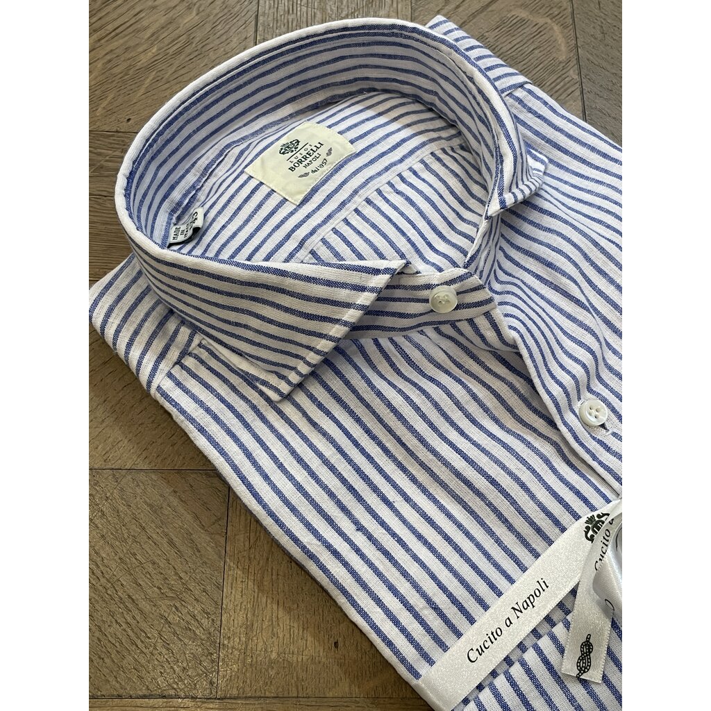Borrelli Chemise Borrelli en lin blanc à col boutonné et fines rayures bleues SR11005