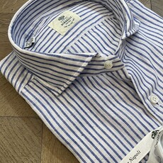 Borrelli Chemise Borrelli en lin blanc à col boutonné et fines rayures bleues SR11005