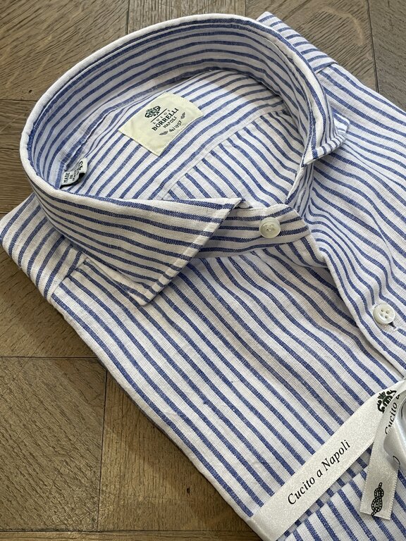 Borrelli Borrelli White linen button-down collar shirt with small Blue stripes SR11005